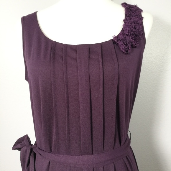 SOLD LOFT Plum Pleated Front Tie Dress Medium - Picture 2 of 7
